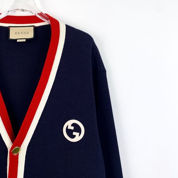 DW0131 Gucci Navy Wool Cardigan With Red & White Trim Gold Buttons Logo - Picture 3 of 7